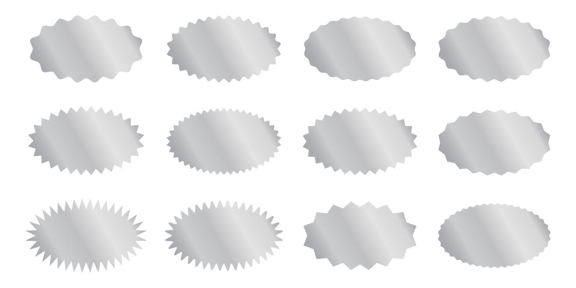 Set of silver oval stickers with wavy and zigzag borders. Shining labels, badges, price tags, coupons with curved and jagged edges isolated on white background. illustration vector