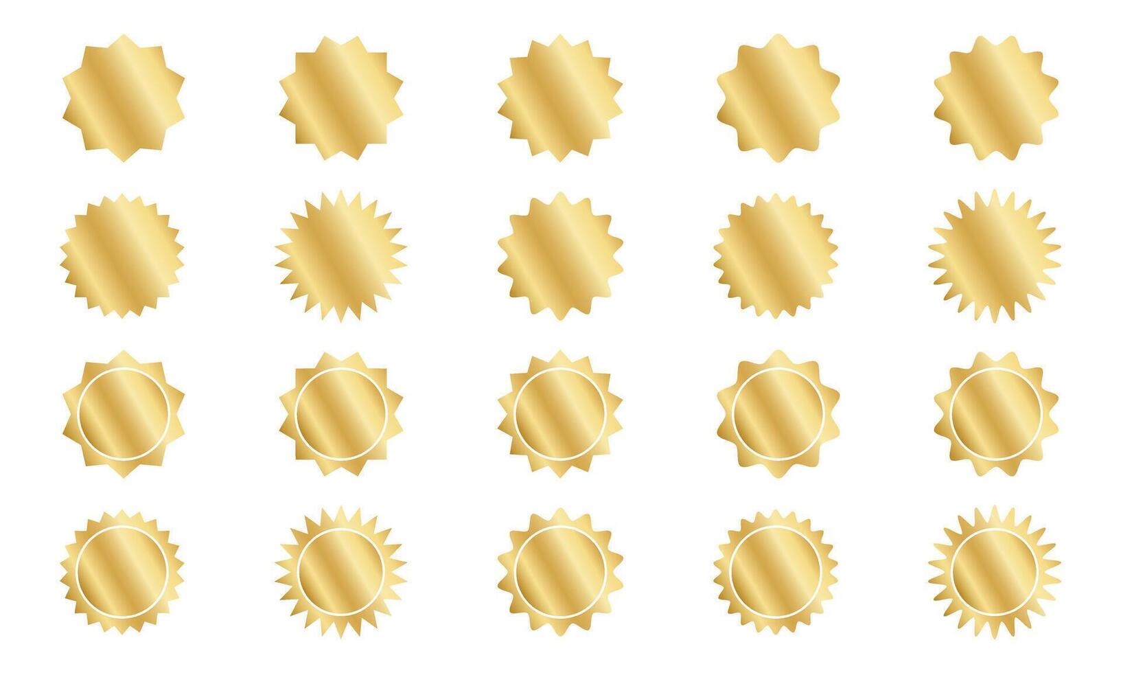Set of gold round stickers with wavy borders. Shining golden curvy labels, quality badges, price tags, stamps, sale offer shapes isolated on white background. realistic illustration vector