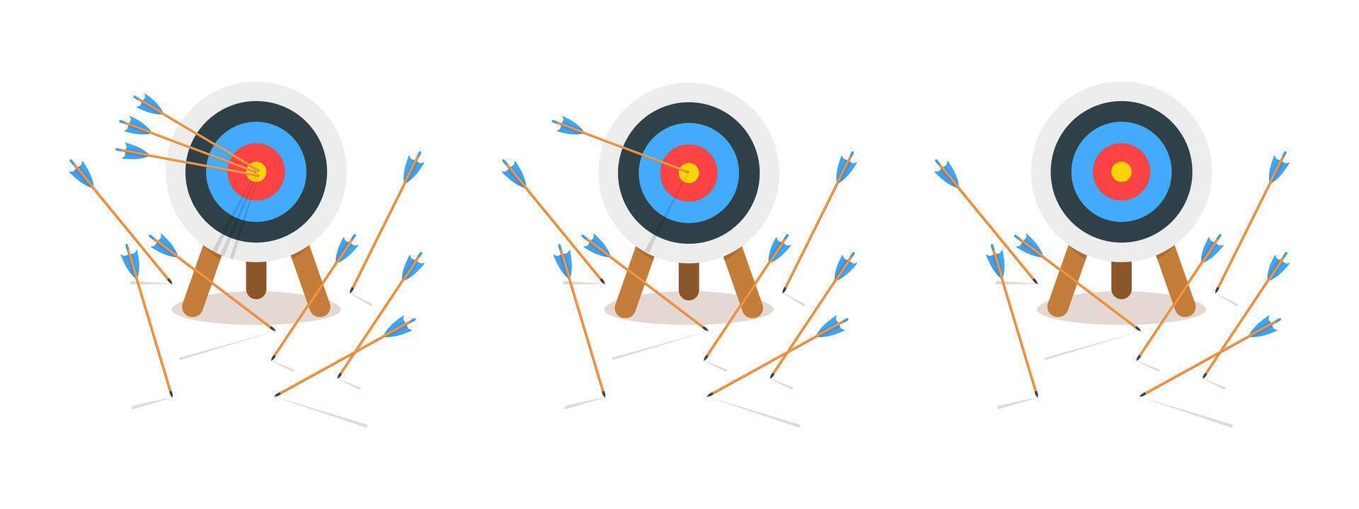 Set of archery dart boards with arrows hitting or missing bullseye. Sports game or business strategy. Success or failure, goal achieving or mistake concept. cartoon illustration vector