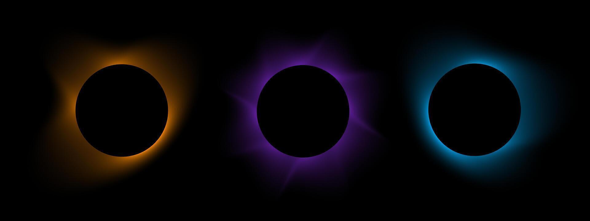 Set of soft blurry round frames. Circle shapes with orange, purple and blue and neon gradient borders isolated on dark background. Abstract design elements with y2k aura effect. illustration vector
