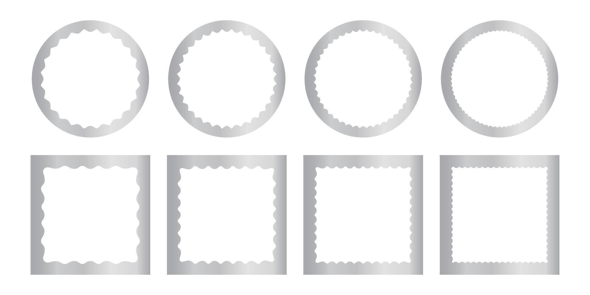 Set of shining silver square and round mirror, photo or picture frames with wavy inner borders. Decoration design elements. Metallic stickers isolated on white background. illustration vector