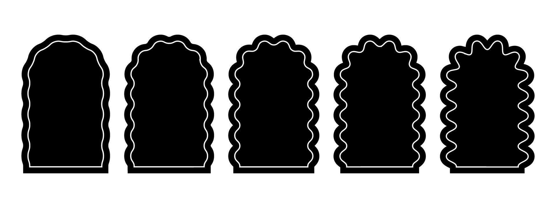Set of arch shapes with wavy borders. Curvy archway forms with curvy edges. Windows or mirrors, portals or gates, empty text boxes isolated on white background. graphic illustration vector