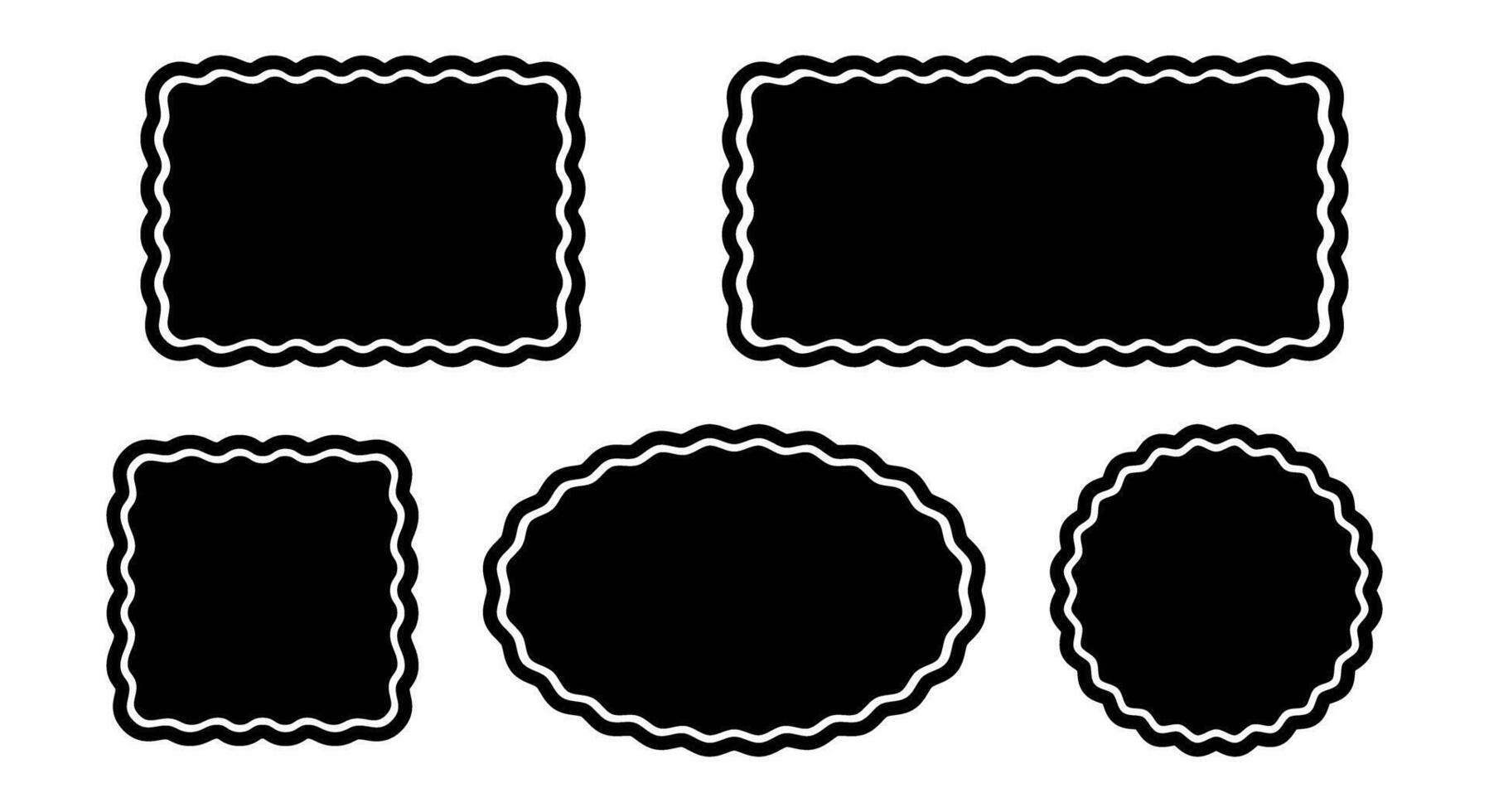 Set of rectangle, square, oval and circle shapes with wavy edges. Geometric firms with scalloped borders. Empty text boxes, tags or labels isolated on white background. graphic illustration vector