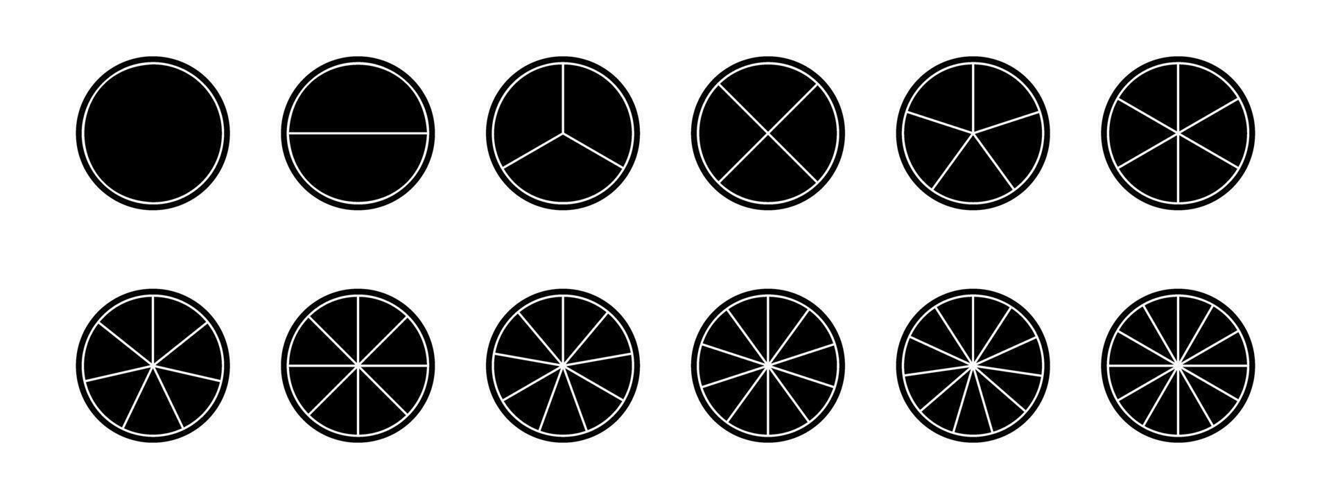 Black circles divided into fractions from 1 to 12 isolated on white background. Round shapes cut in equal parts. Simple circular diagrams, statistic wheels, business charts. illustration vector