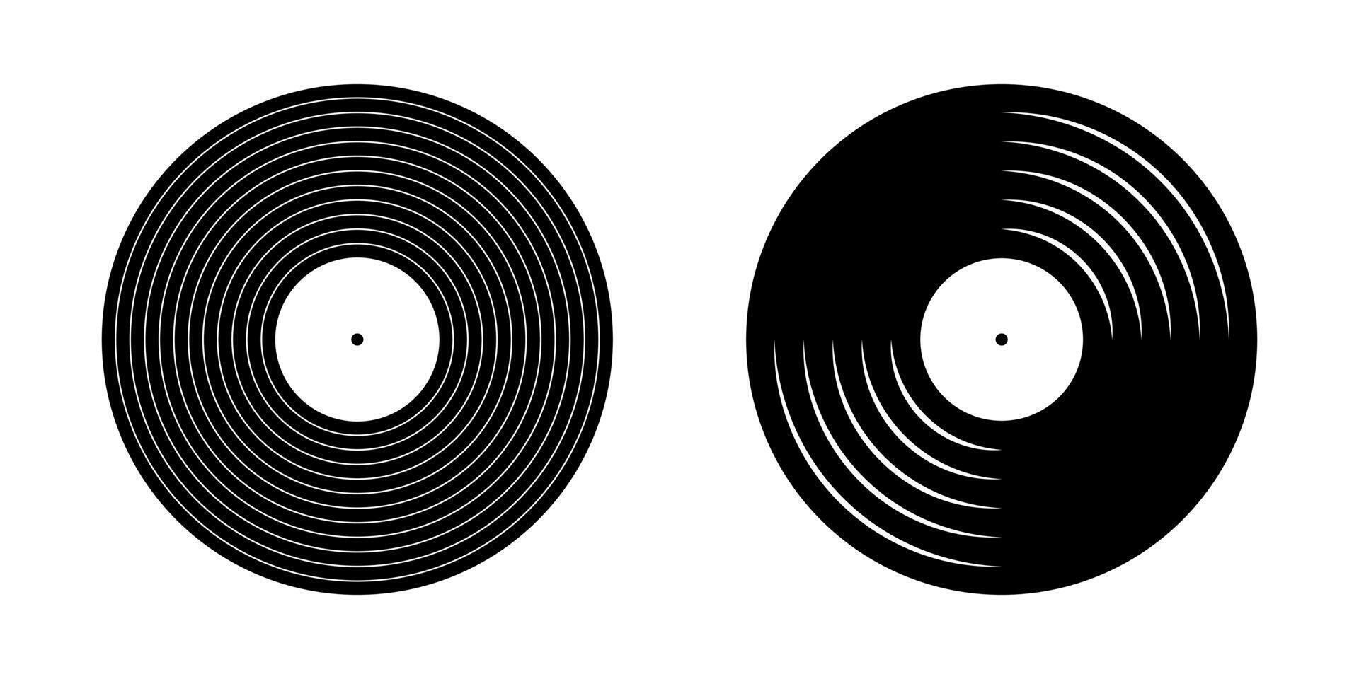 Black vinyl record icons. LP or long play music plates for gramophone isolated on white background. DJ techno party equipment. 70s 80s 90s discotheque nostalgia concept. graphic illustration vector