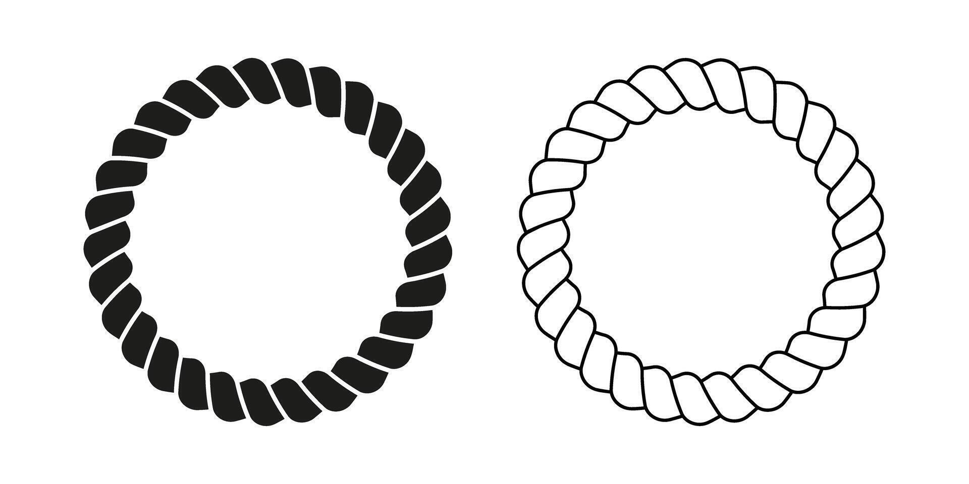Round black and white round rope frames. Circles of cord, thread or cable, twine or jute isolated on white background. Design elements on maritime, yacht nautical theme. outline illustration vector