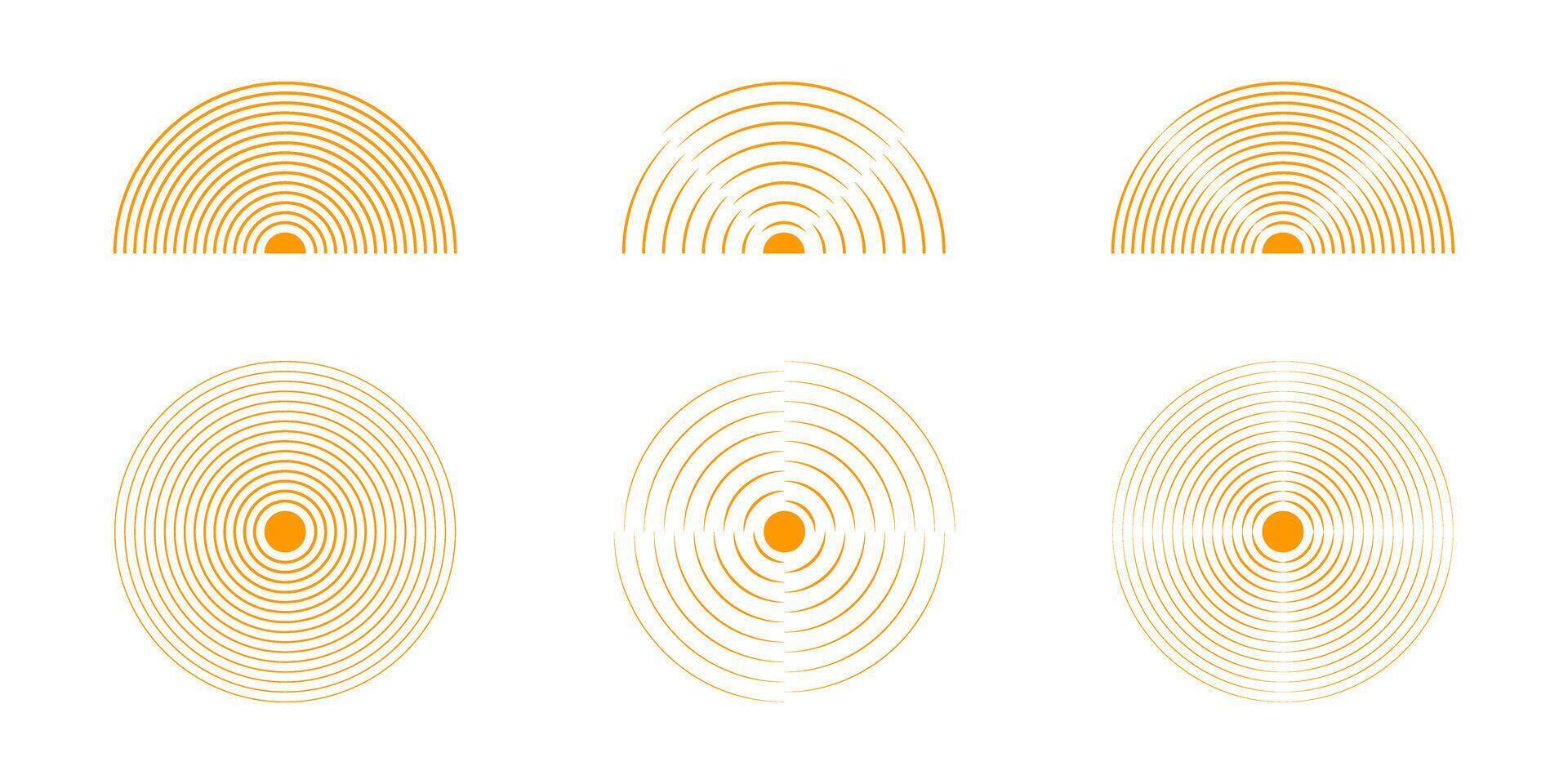 Concentric orange circles and semicircles. Sunburst, sunrise or sunset icons set. Pain localization signs. Shockwave or vibration symbols. Sound, radar or sonar wave pictograms. illustration vector