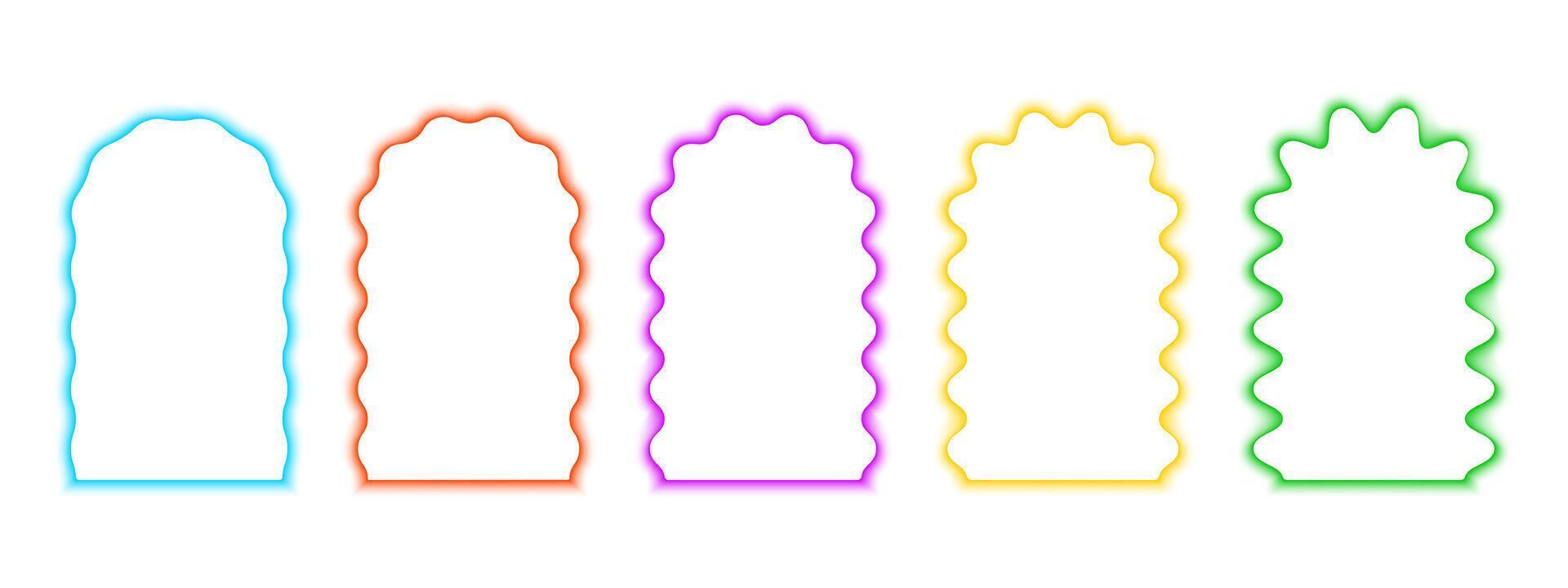 Set of colorful arch frames with wavy edges. Archway shapes with wiggly borders in blurry aura effect. Mirror or portal frameworks, empty text boxes isolated on white background. illustration vector