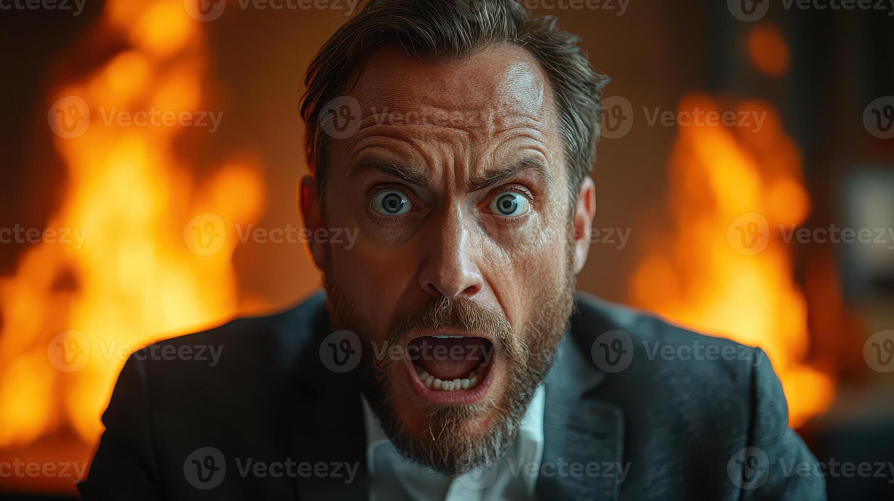 Man expresses shock while fire burns behind him photo