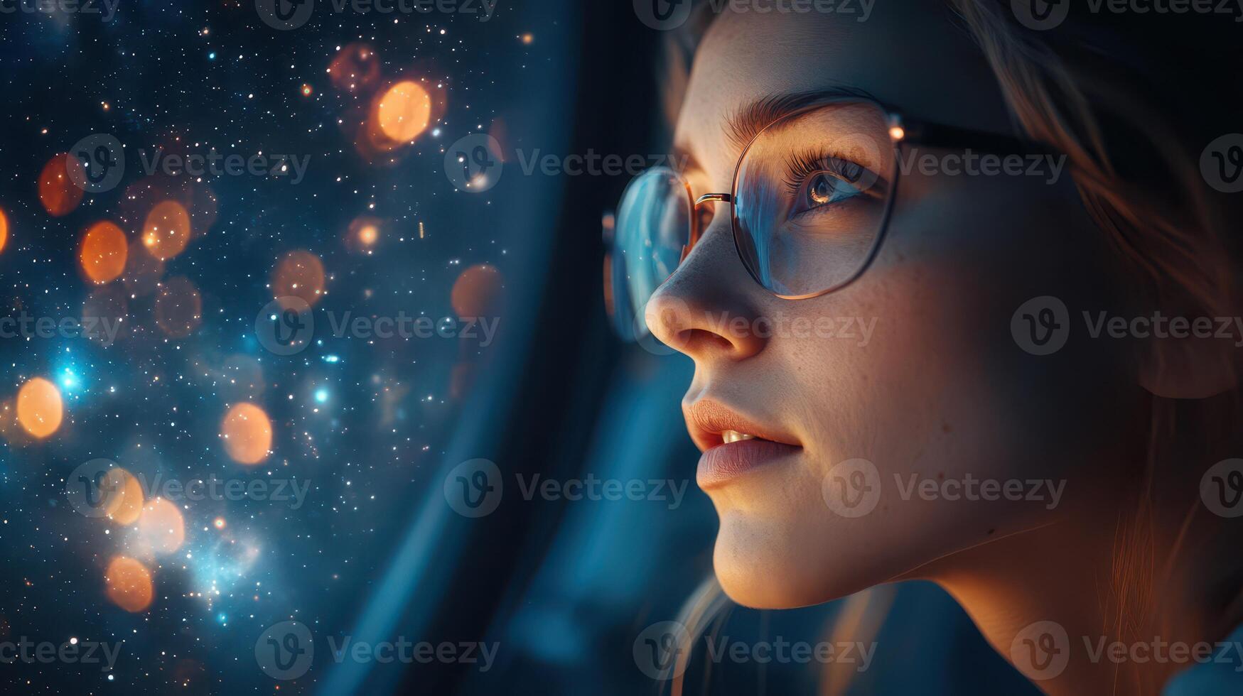 Woman gazes at starry night sky from window photo