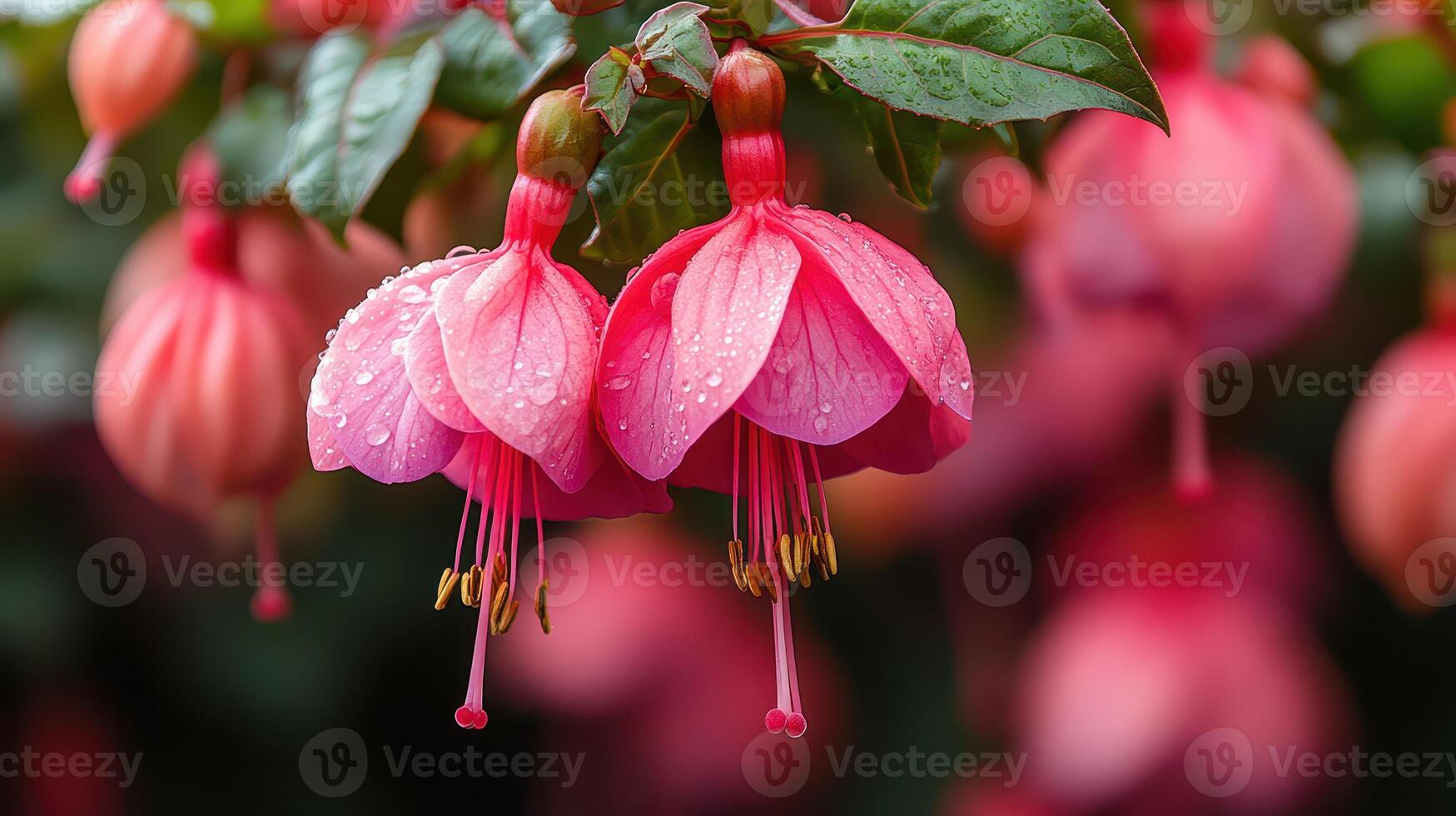 Close up of vibrant fuchsia flowers with raindrops photo