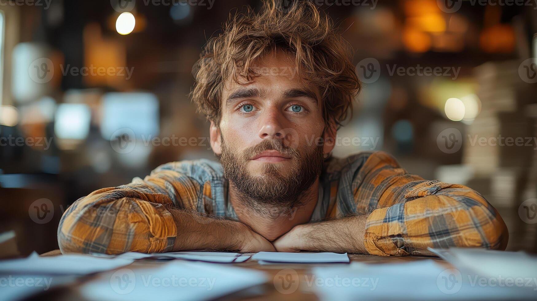 Thoughtful man reflecting on life in a cozy cafe photo