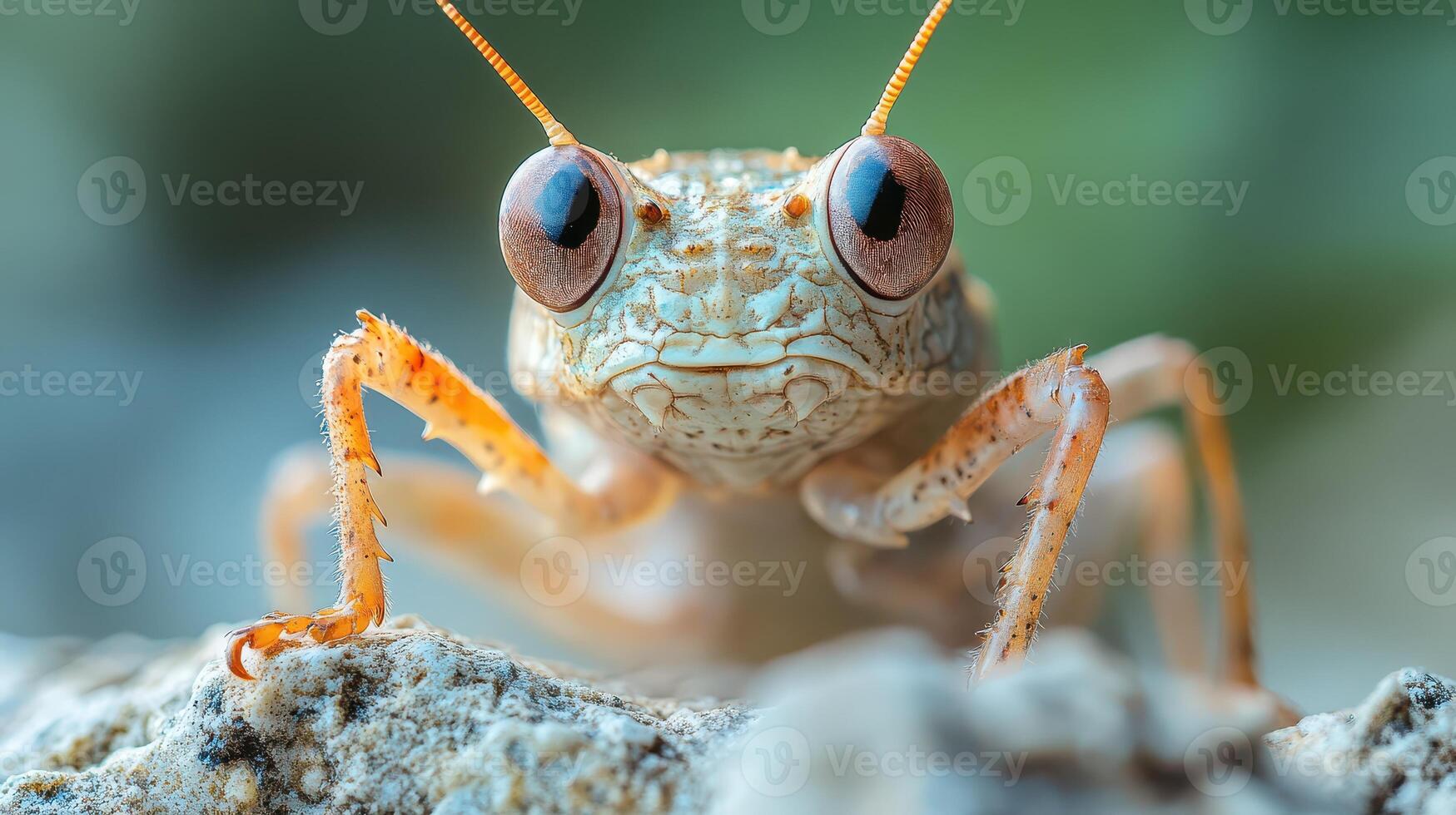 Close up view of a grasshopper on a rock photo