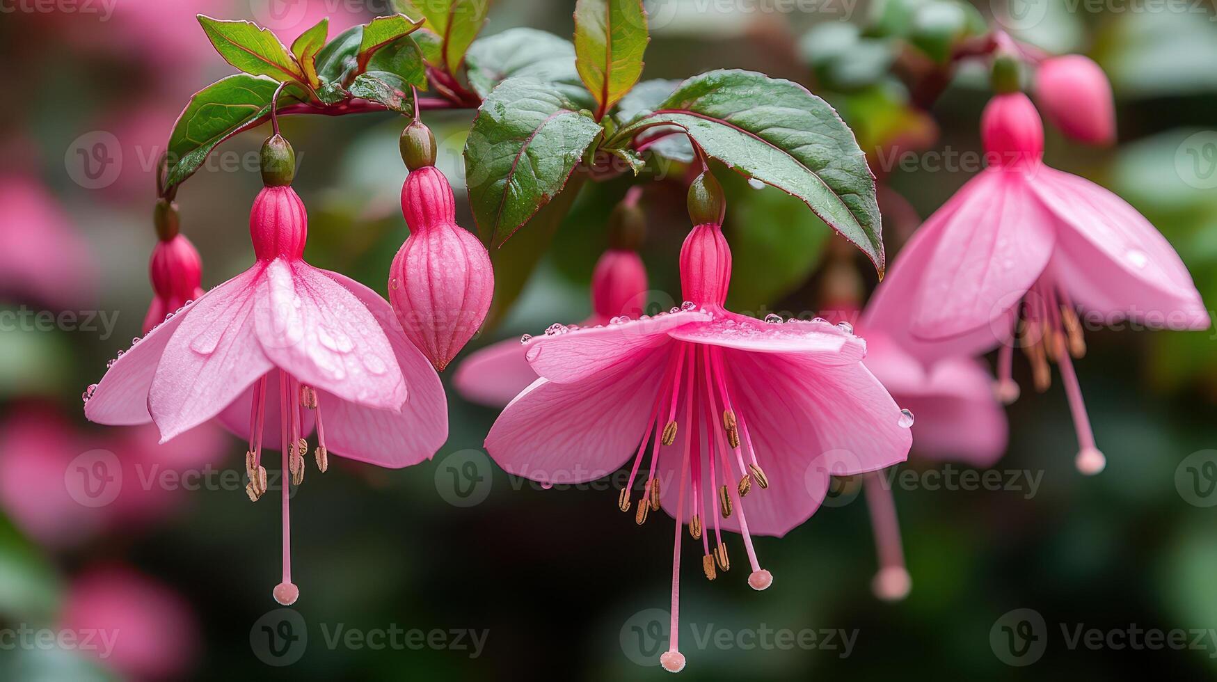 Beautiful pink fuchsia flowers after rain photo