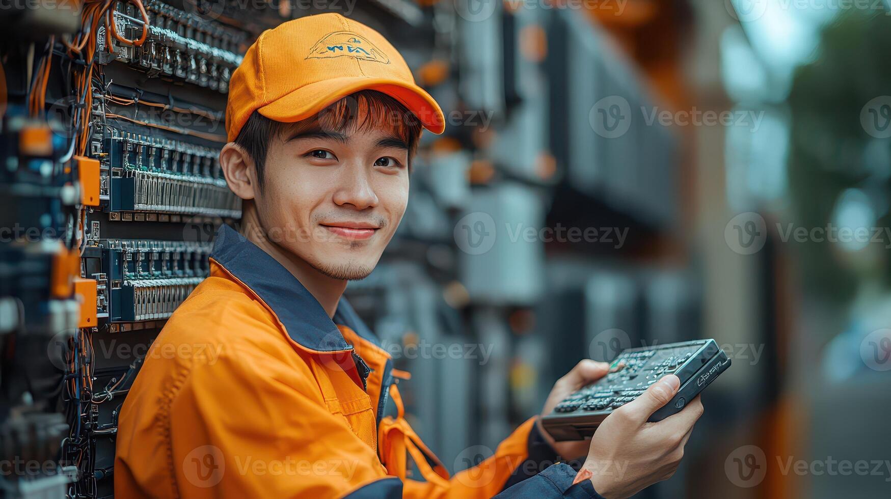 Technician working on equipment in urban setting photo