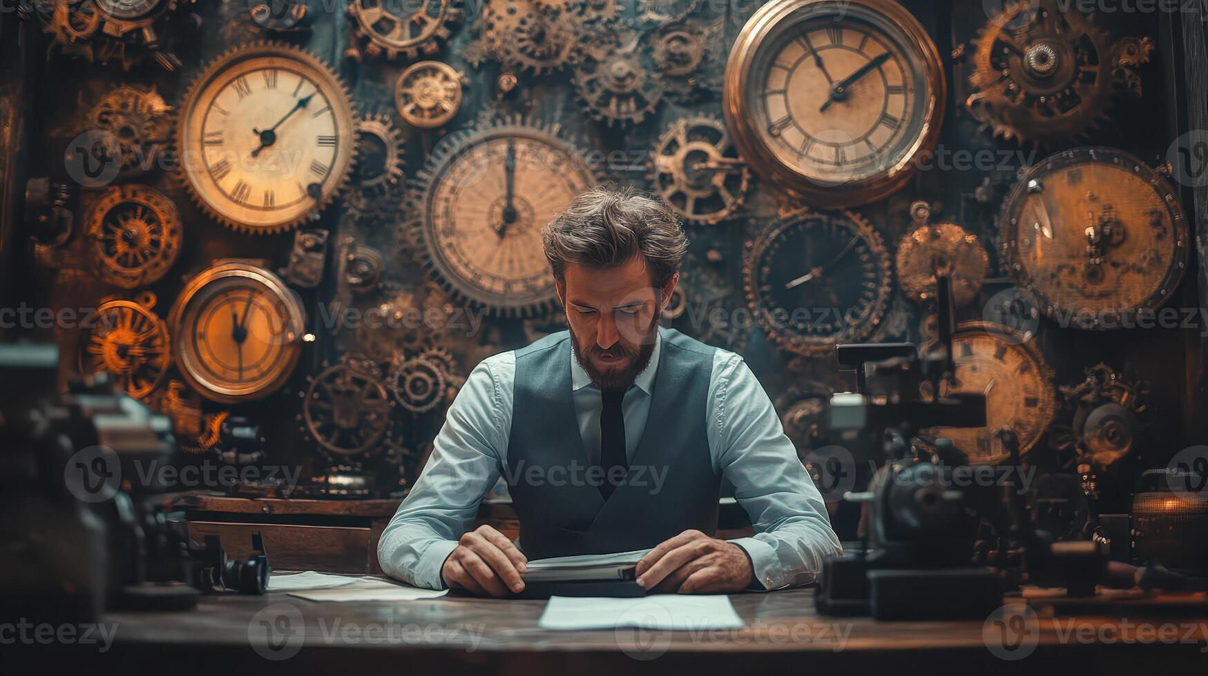 Craftsman reviews designs in a steampunk workshop photo