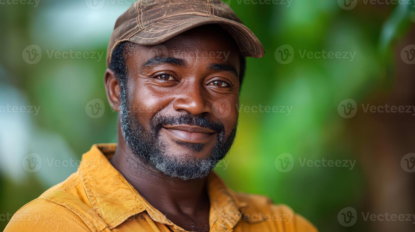 Man in cap smiles in nature photo