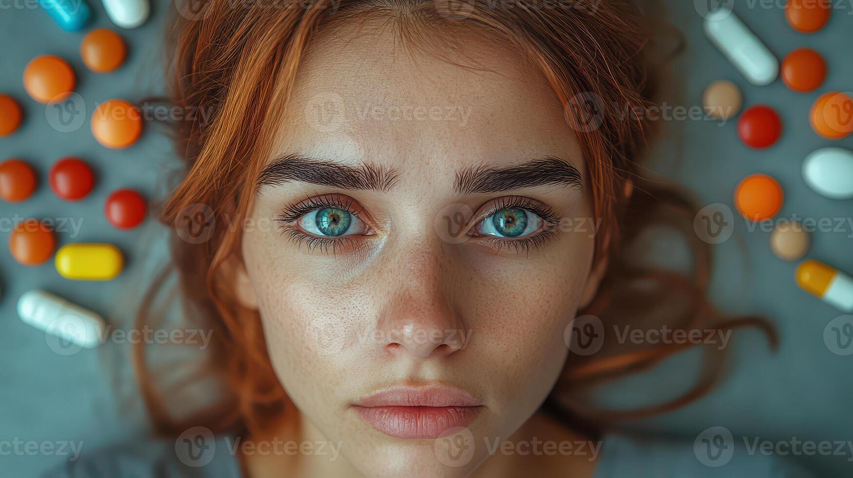 Young woman with colorful pills around her photo