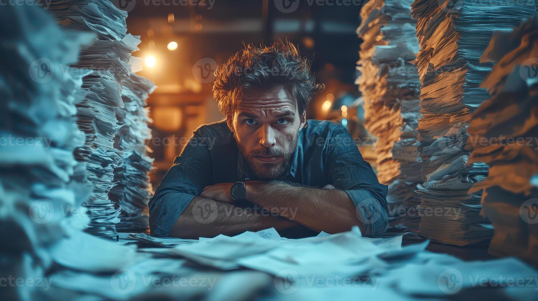 Overwhelmed worker surrounded by stacks of papers photo