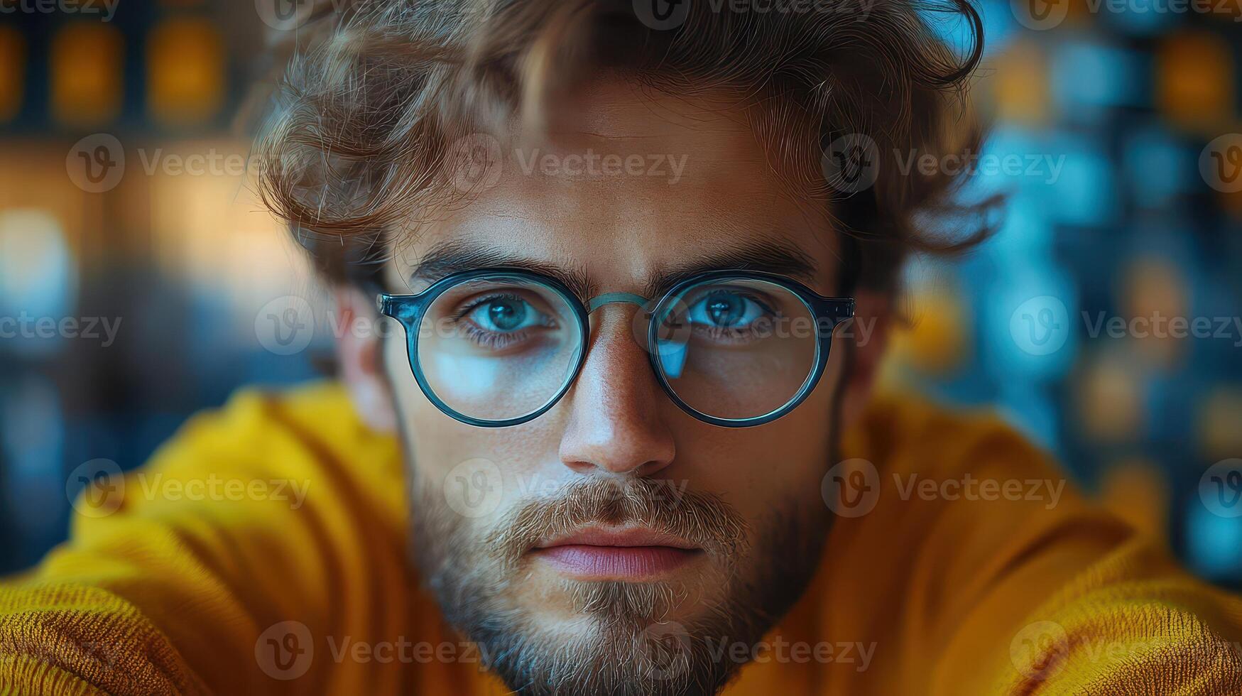 Young man with glasses posing in warm light photo