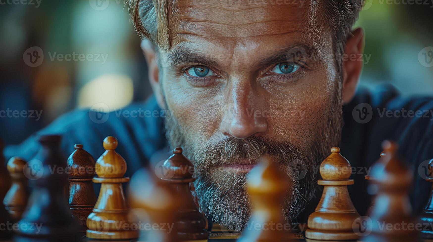 Focused man plays chess outdoors on a sunny day photo