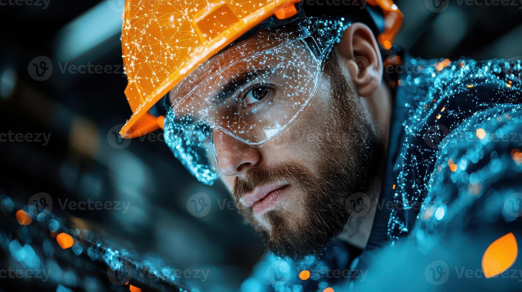 Worker in safety gear using tech on site photo
