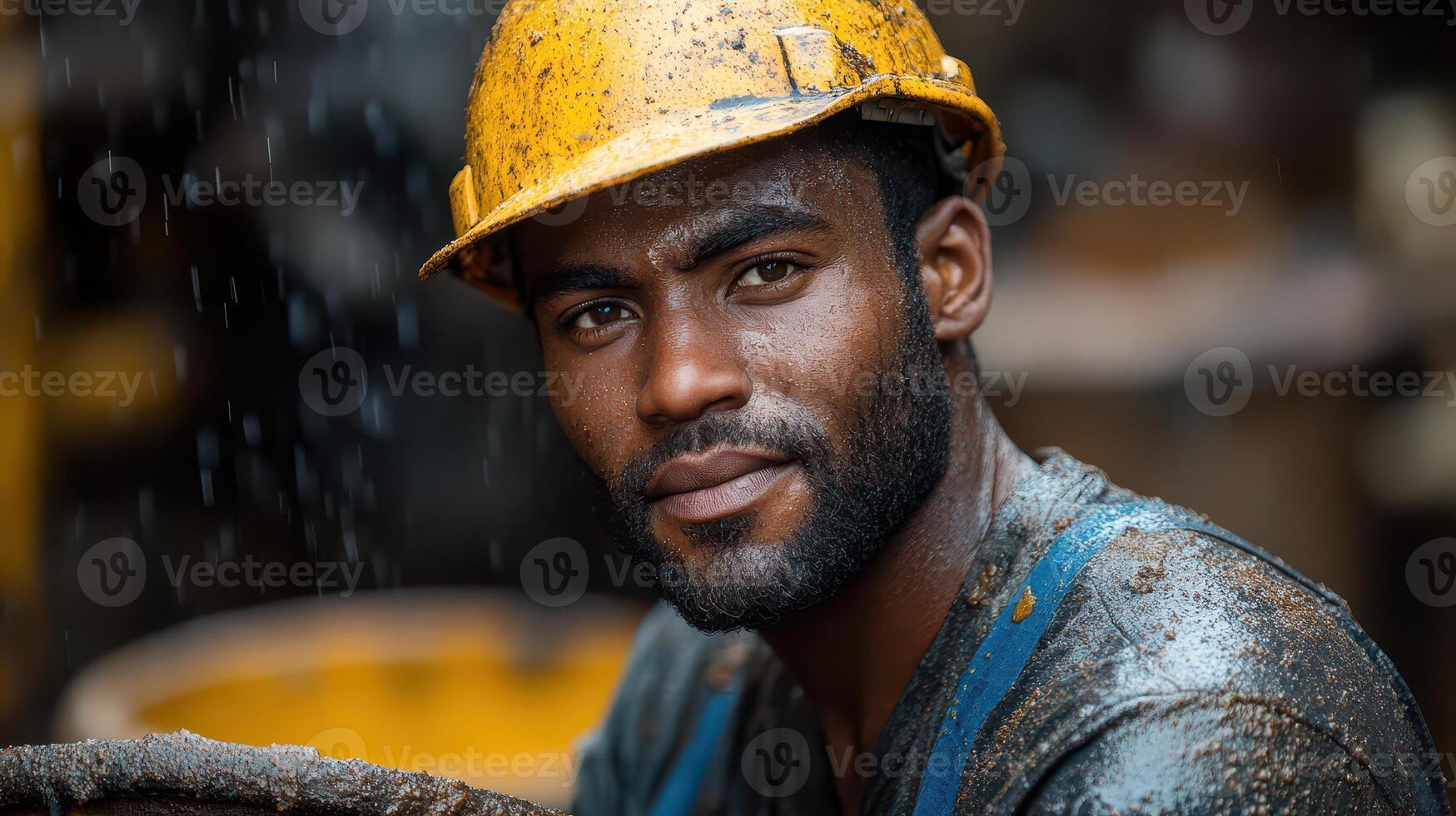 Worker in helmet at rainy construction site photo