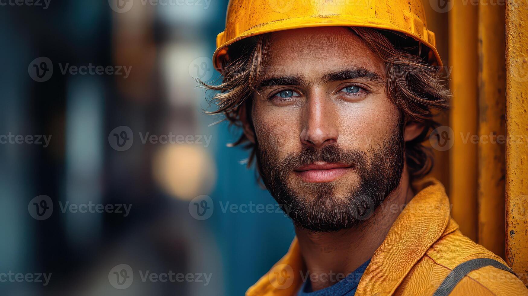 Young worker with bright blue eyes and helmet photo