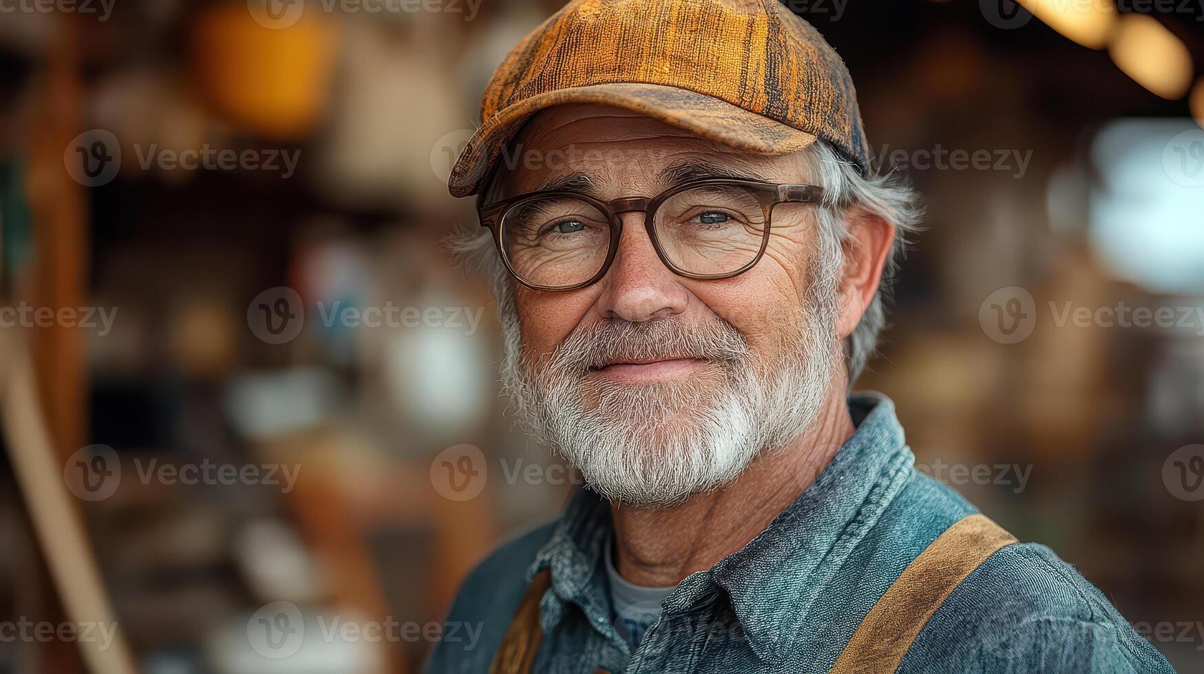 Craftsman smiling in workshop with tools around photo