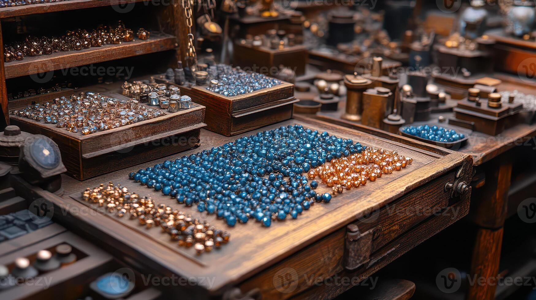 Unique display of colorful beads at a craft market photo