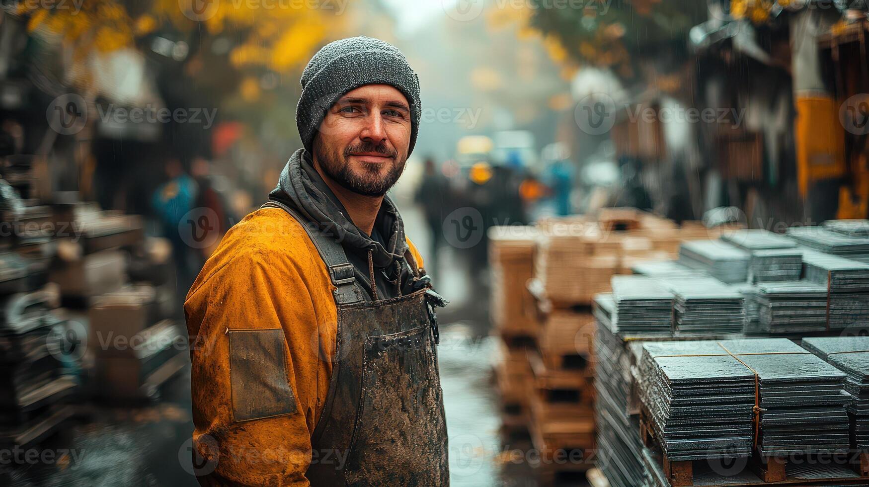 Smiling worker in yellow jacket at site photo