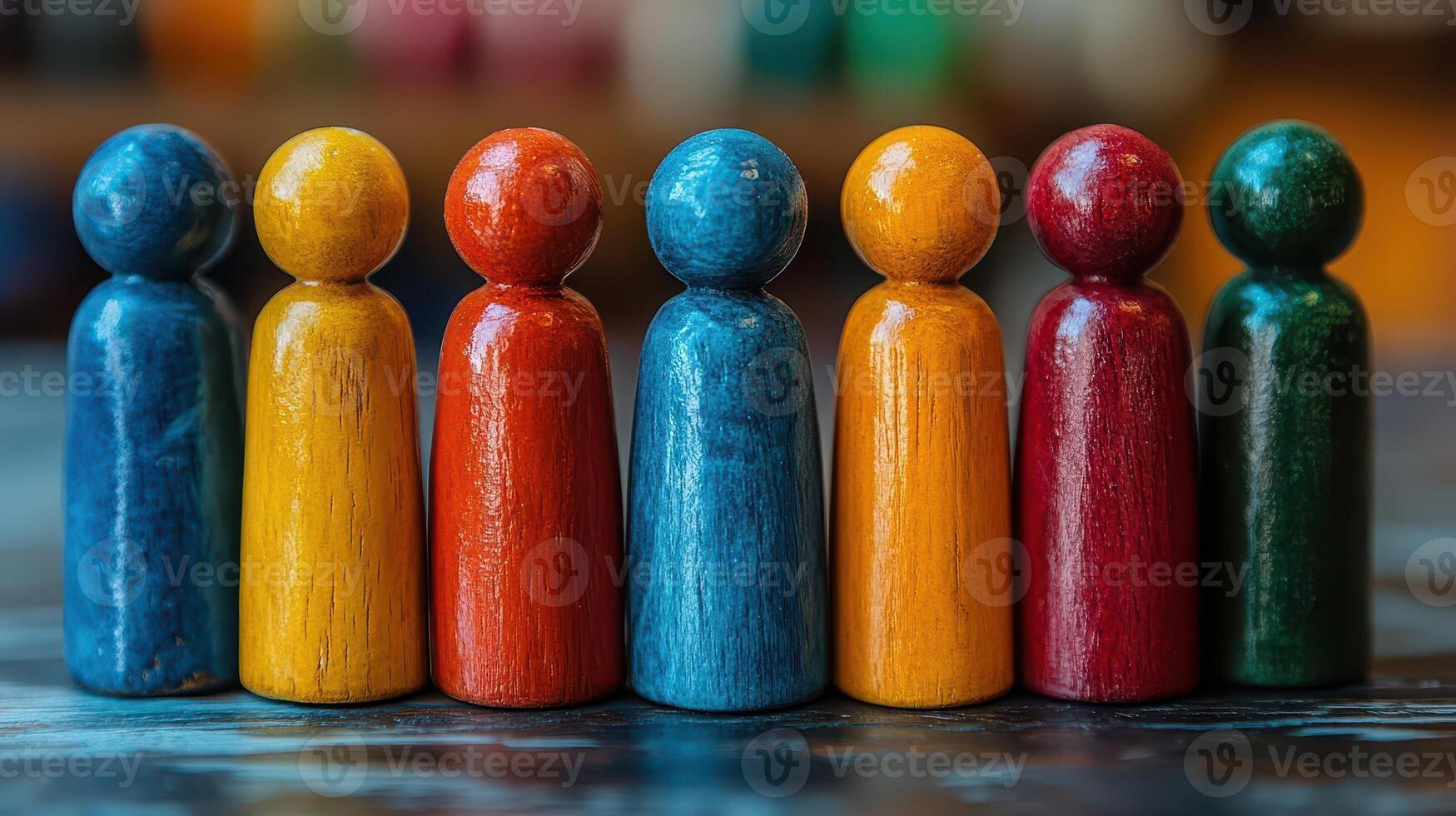 Colorful wooden figures lined up on a surface photo