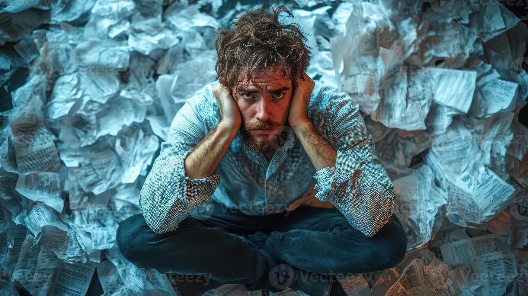 Confused person surrounded by paperwork photo