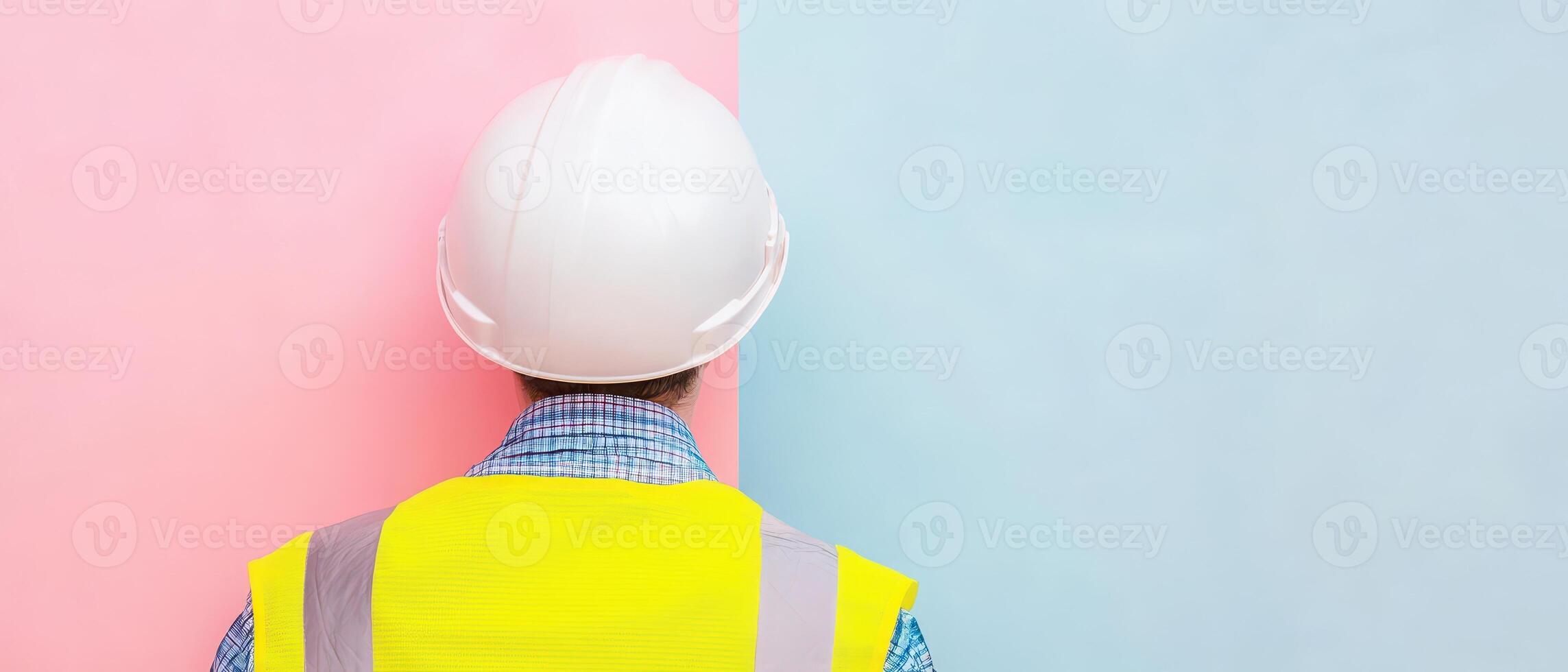 Construction worker facing split colored wall photo