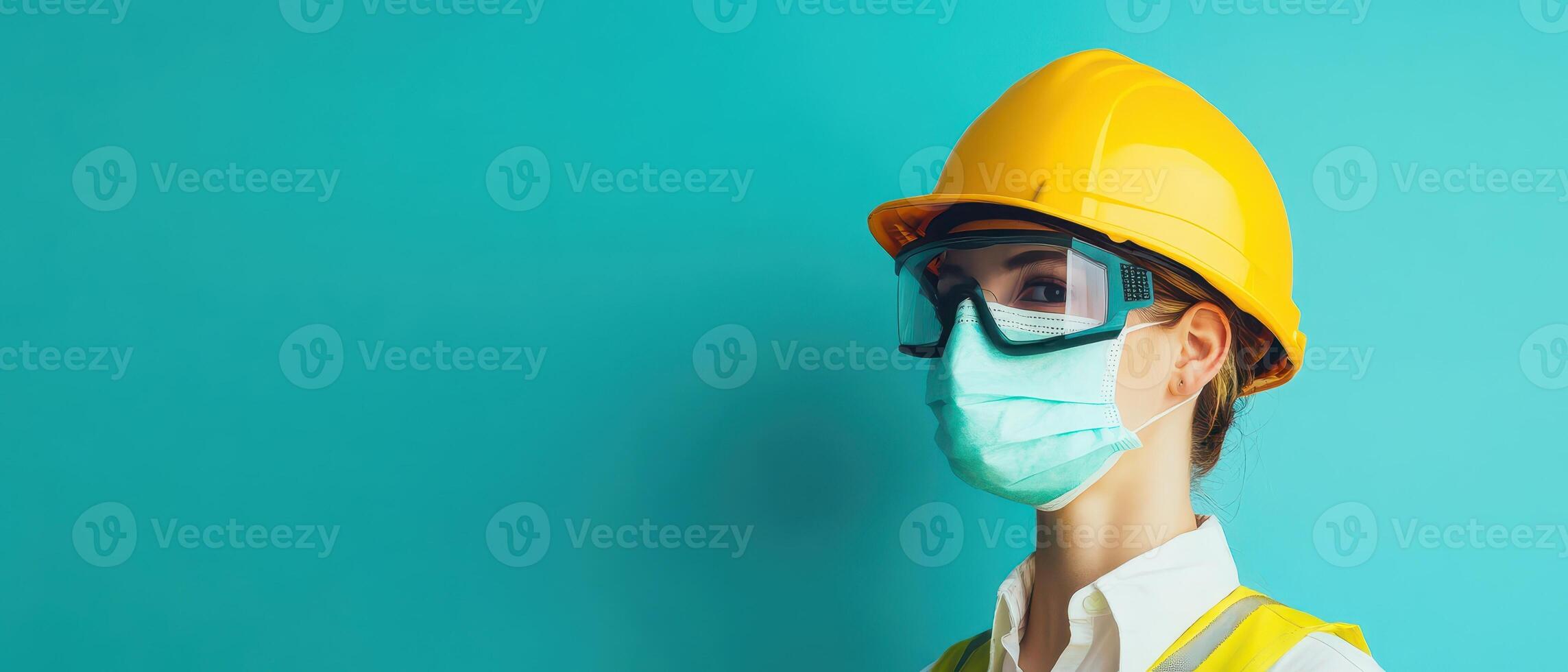 Construction worker wearing safety gear and mask photo