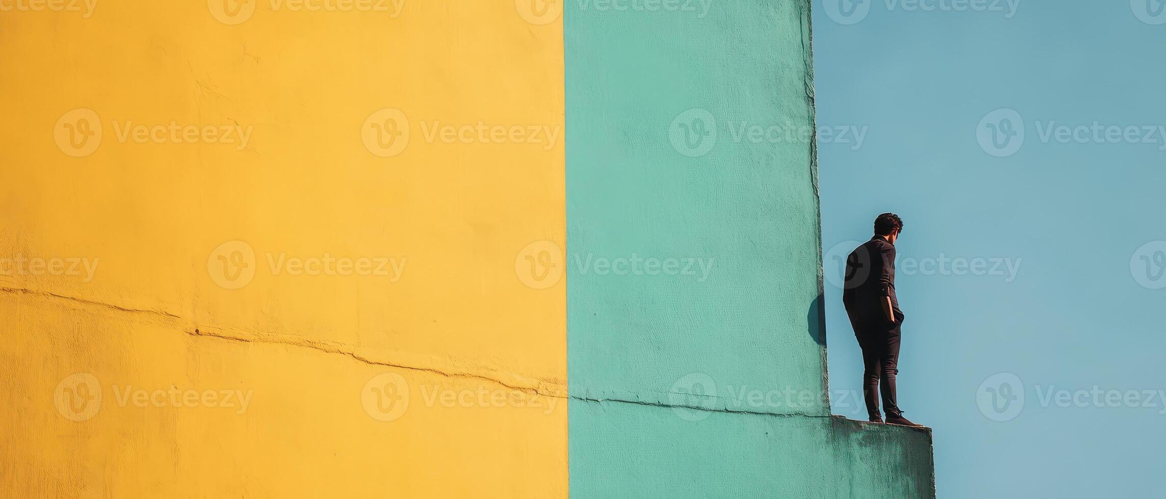 Person standing on wall with contrasting colors photo
