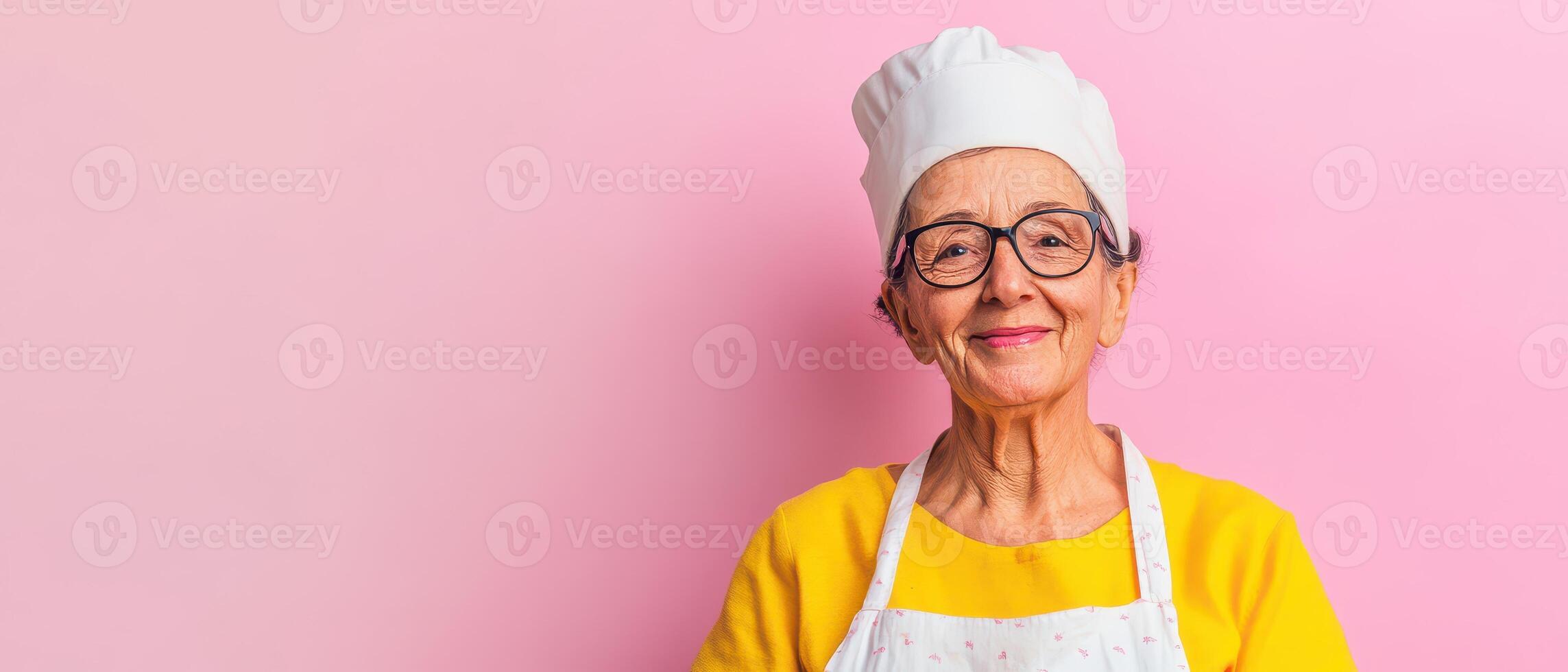 Smiling elderly chef on pastel pink photo