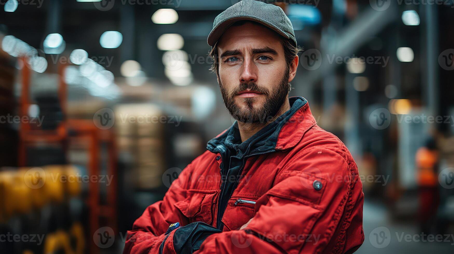 Man in red jacket poses confidently at warehouse photo