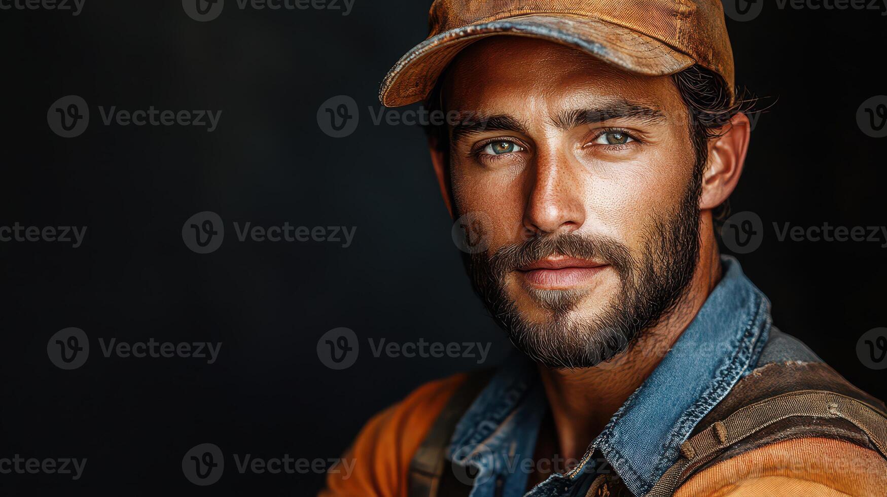Handsome man with beard and cap poses for portrait photo