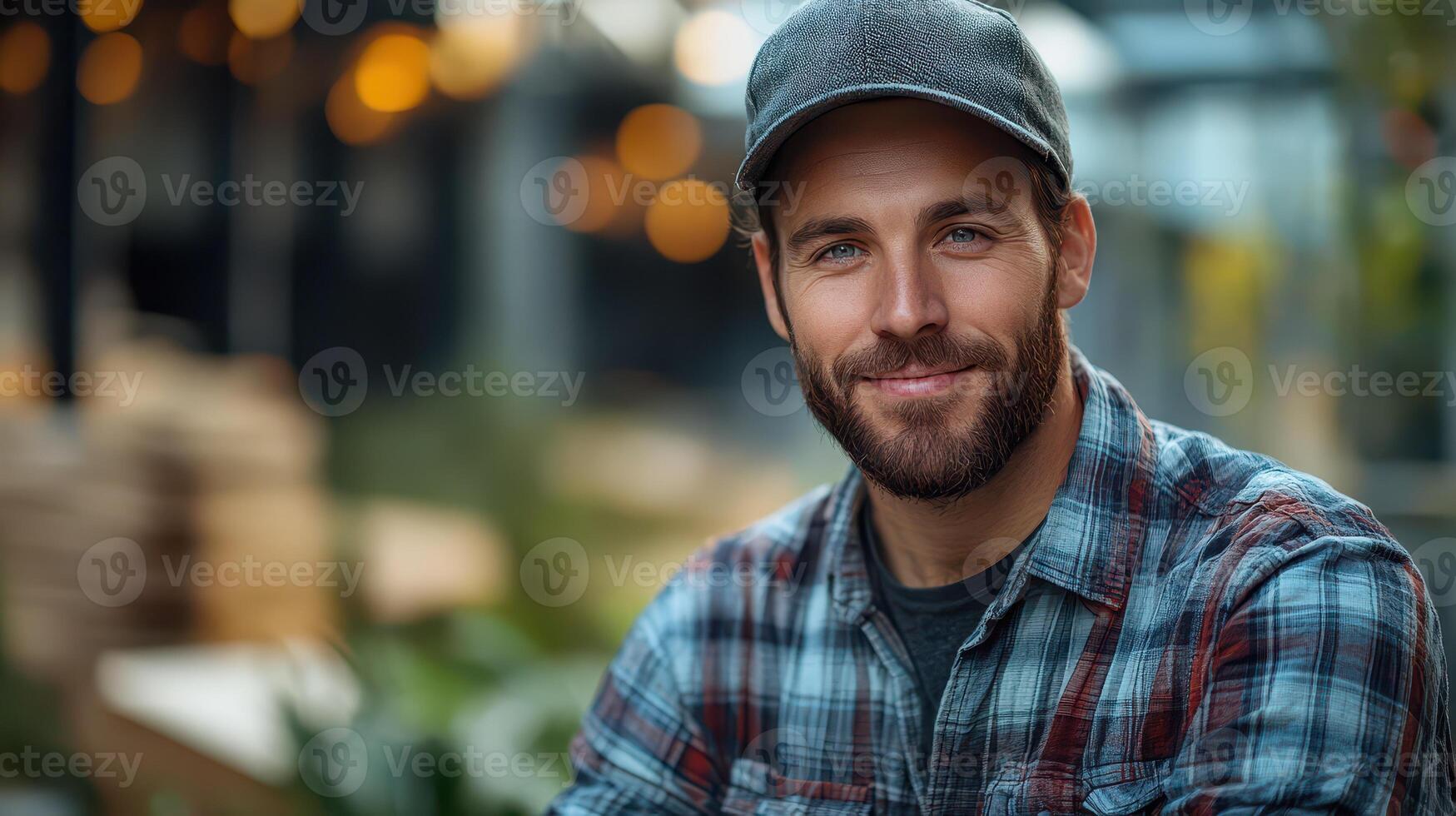 Young man smiling in a cozy garden setting photo