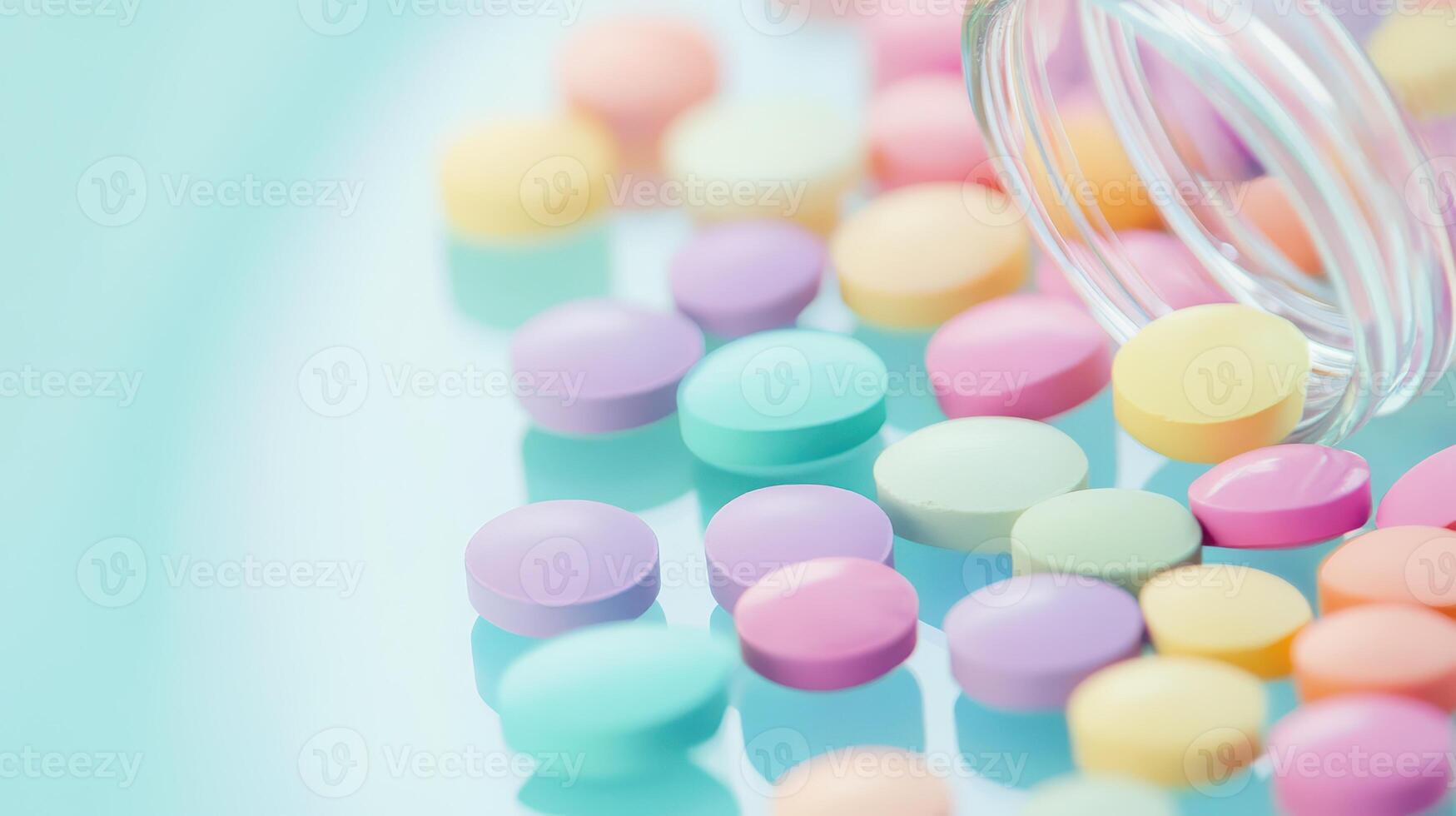 Colorful pills scattered on a blue surface photo