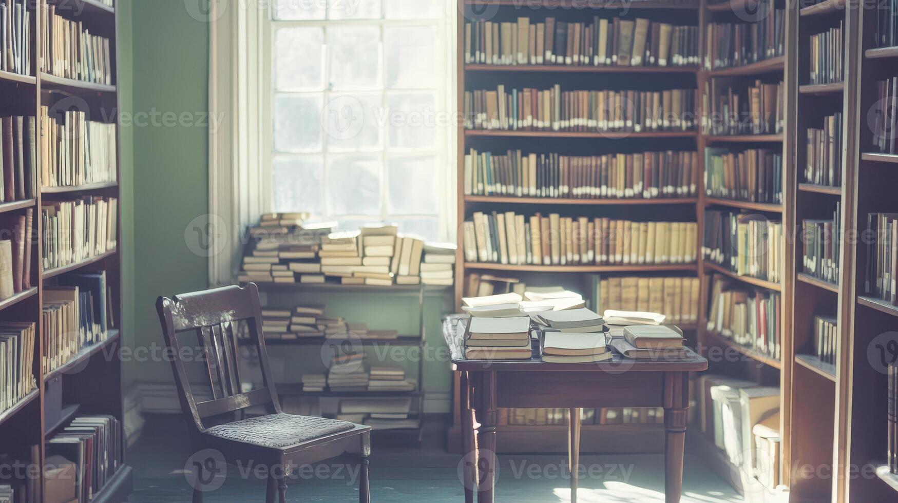 Quiet library with wooden shelves and a study area photo