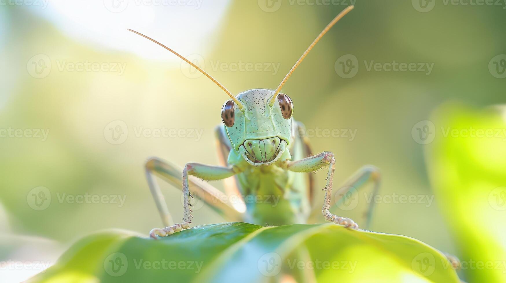 Close view of a green grasshopper on a leaf photo