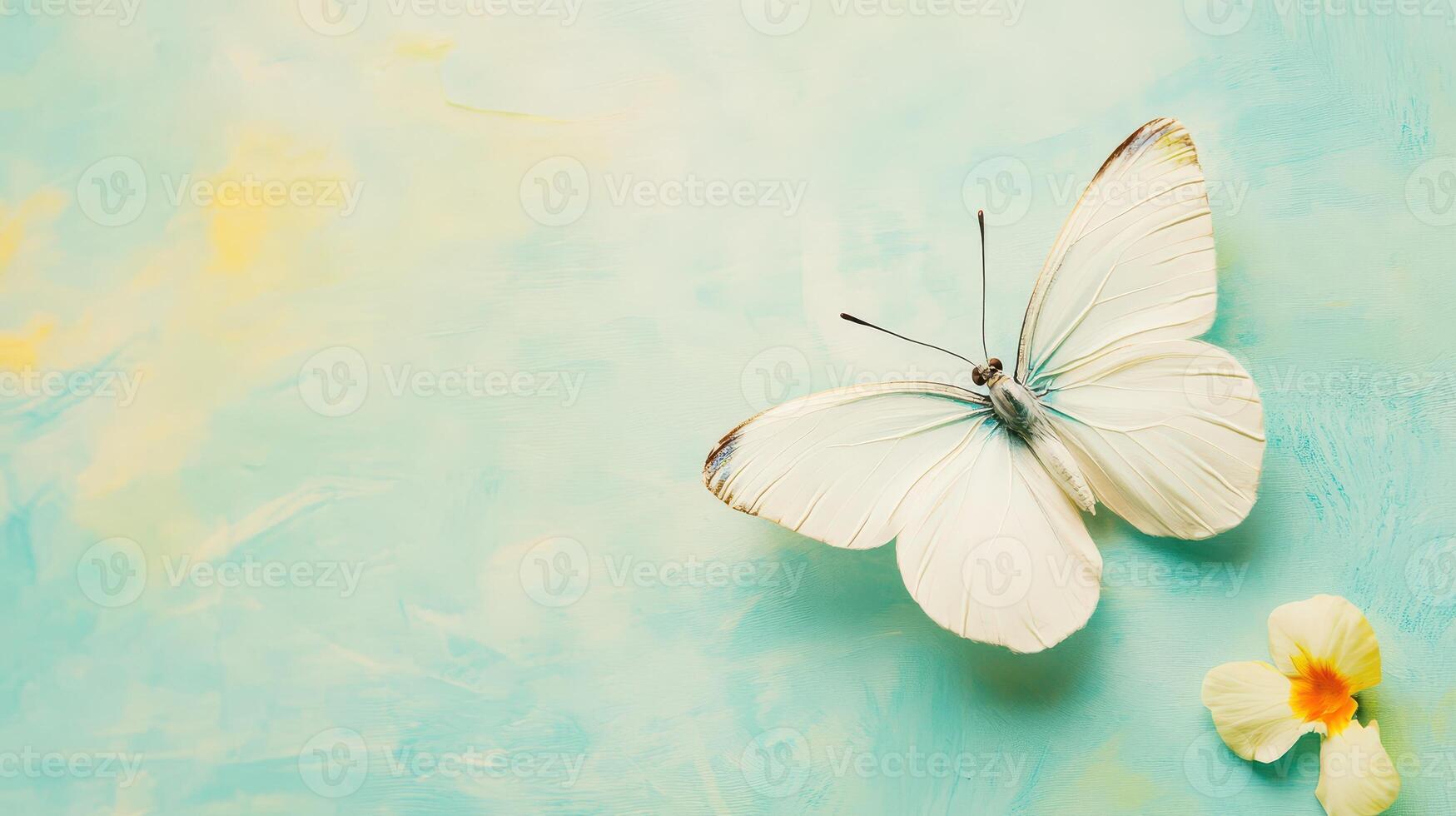 Delicate white butterfly on soft blue background photo