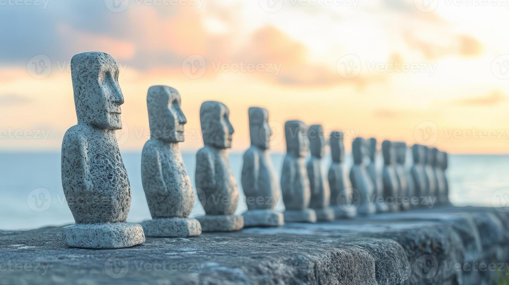 Moai statues in a serene coastal sunset setting photo