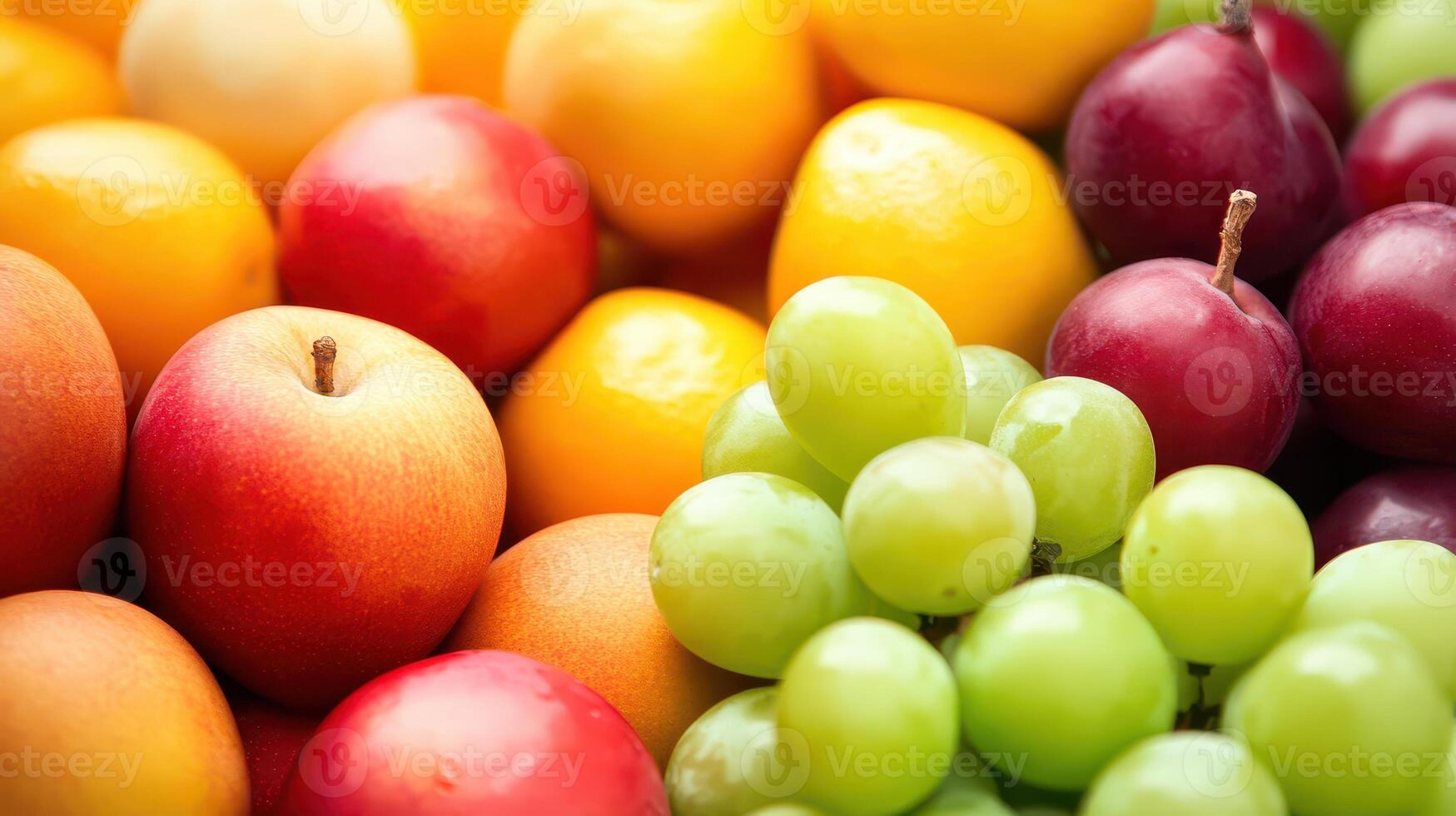 Fresh assorted fruits displayed on a market stall photo