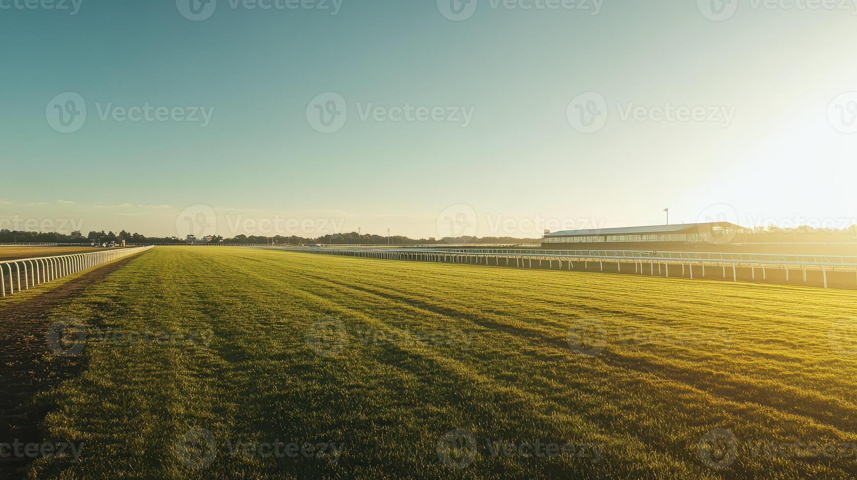 Horse racing track with open field at sunset photo