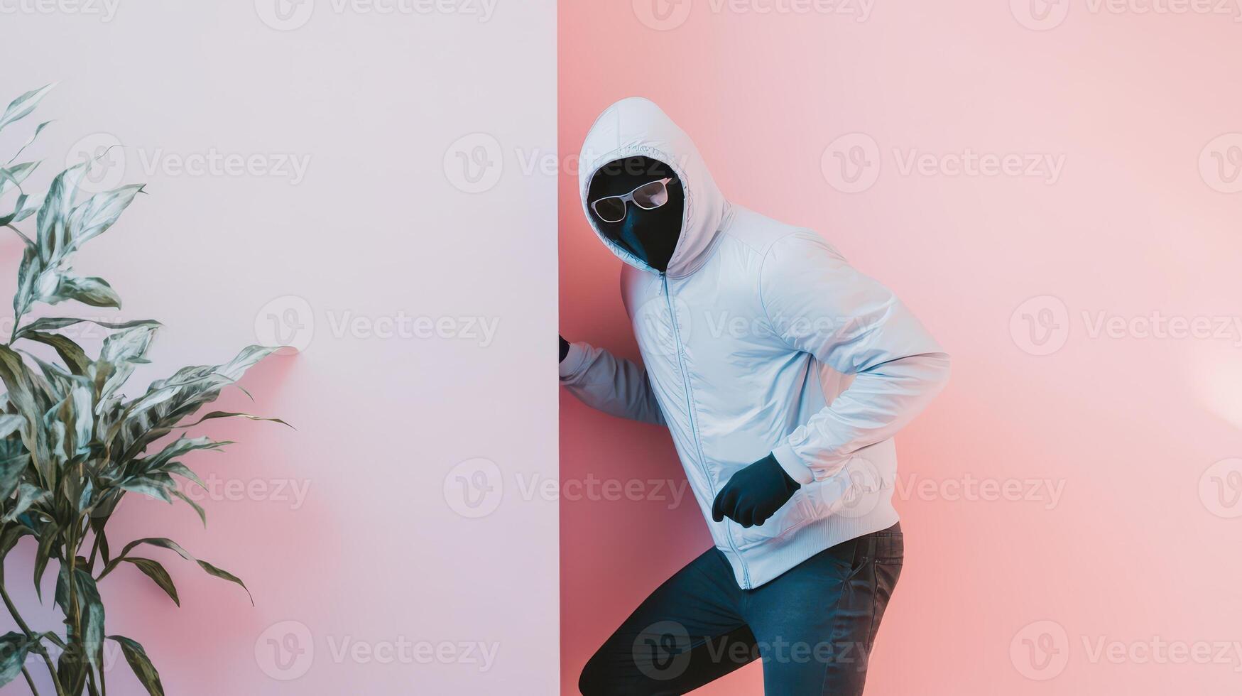 Mysterious figure in a pink room at night photo