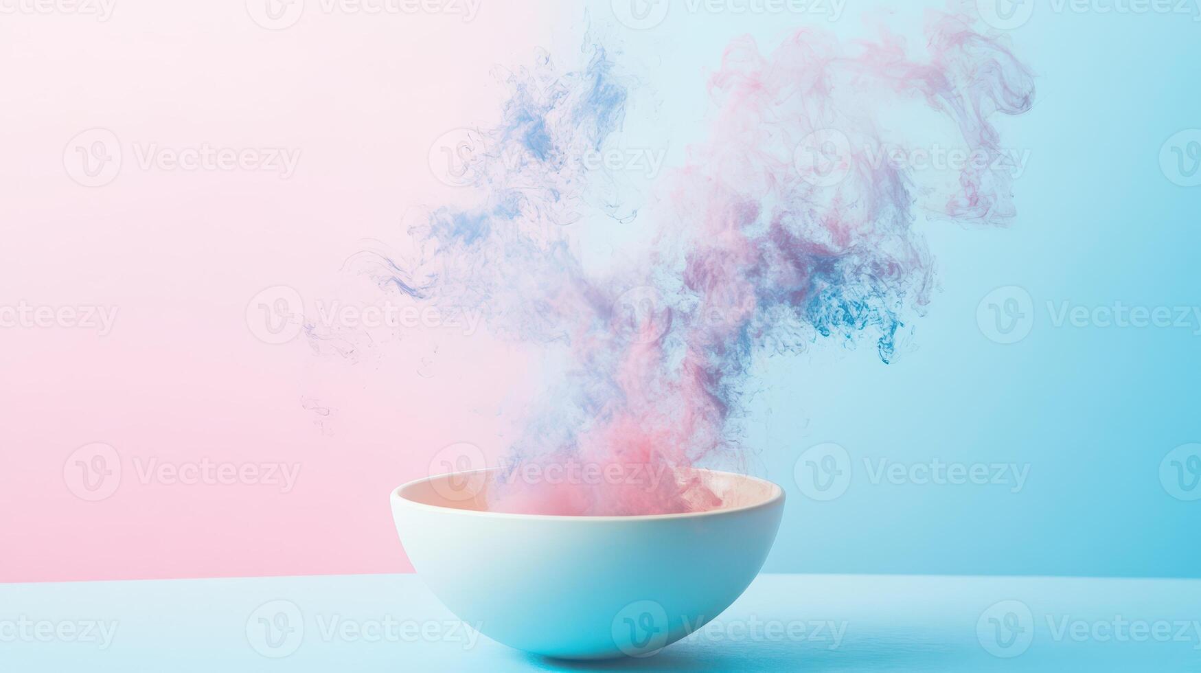 Colorful smoke billowing from a white bowl photo