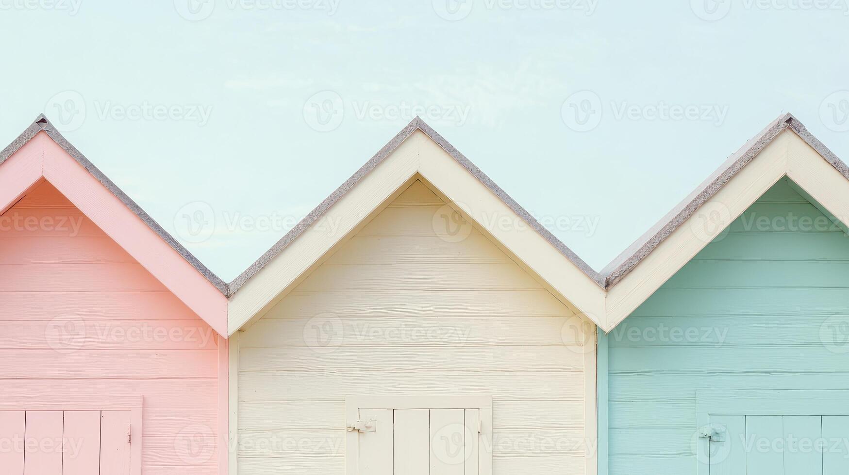 Charming beach huts in pastel colors by the shore photo